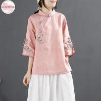 Women Retro Cotton Linen Shirt Chinese Style Embroidered Stand Collar Tops Large Size Loose Blouse