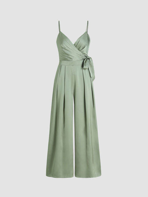 Cider Satin Knotted Pleated Wide Leg Jumpsuit Lazada.co.th