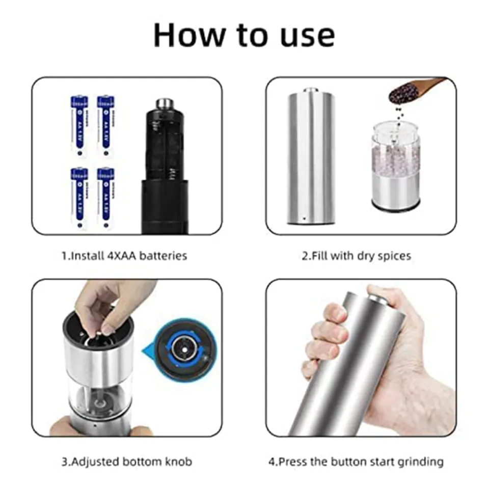 304 Stainless Steel Electric Salt and Pepper Grinder Set Battery Power  Adjustable Thickness Mill with Led kitchen Grinding Tools