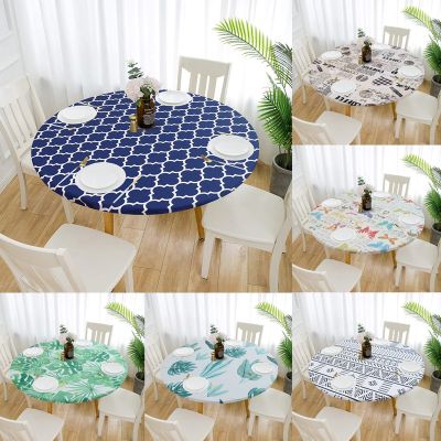Round Non-slip Elastic Tablecloth Flower Print Classic Pattern Table Cloth Waterproof Cover Home Kitchen Dining Room Decoration