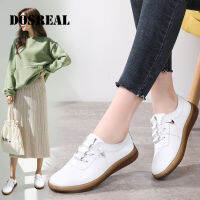 DOSREAL สีขาวรองเท้า Oxfords สำหรับผู้หญิงรองเท้าหนังสุภาพสตรีฤดูใบไม้ผลิเดินรองเท้าแตะรองเท้าบัลเล่ต์ไม่มีส้นรองเท้าผ้าใบรองเท้าสตรี Oxford