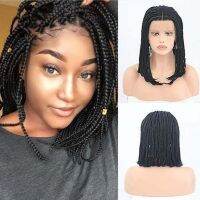 AIMEYA Black Short Box Braids Wigs for Women Middle Part Half Hand Tied Braided Bob Wig Glueless Heat Reistant Fiber Hair Wig Gift ของขวัญ