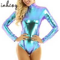 Women Shiny Metallic Long Sleeves Gymnastics Leotard Bodysuit Nightclub Party Festival Rave Stage Performance Pole Dance Costume