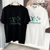 LV เสื้อยืดสำหรับทั้งหญิงและชายแฟชั่นแขนลายสั้นมีตัวอักษรยาว