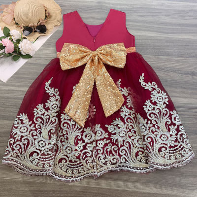 Summer White Bridesmaid Kids Dresses For Girls Children Baby Girl Golden Embroidery Bow Party Dress Wedding Princess Dress