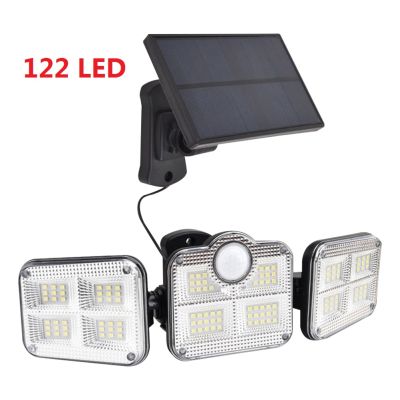 122 LED Solar Lights Outdoor 3 Head Motion Sensor 120° Wide Angle Illumination Super Bright Waterproof Remote Control Wall Lamp