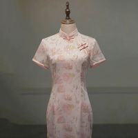 สีชมพูปรับปรุง Cheongsam สไตล์จีนวินเทจชุดดอกไม้ผู้หญิงเครื่องแต่งกายชีฟองหวาน Qipao S ถึง XXL