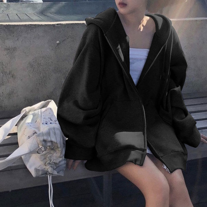 สไตล์เกาหลี-o-versize-สีเทา-h-oodies-ผู้หญิง-streetwear-หลวมเสื้อคลุมด้วยผ้าหญิงสบายๆสีดำแขนยาวท็อปส์แจ็คเก็ต