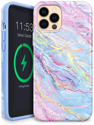 Velvet Caviar Designed for iPhone 13 Pro Max Case for Women [10ft Drop Tested] Built-in Magnet Compatible with MagSafe - Cute Phone Cover - Protective Microfiber Lining (Holographic Blue Marble) Holographic Moonstone