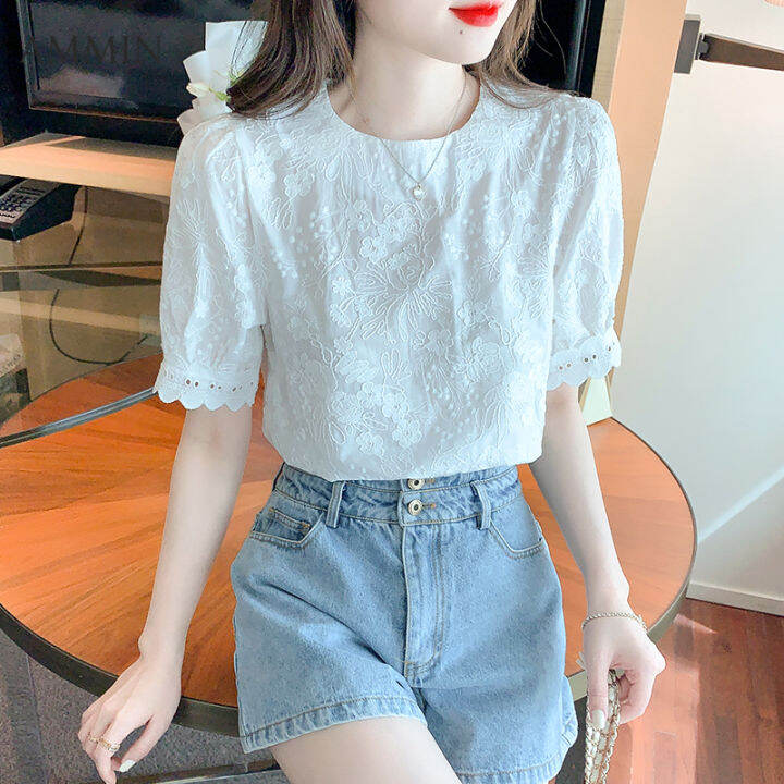 ammin-2023-summer-new-round-neck-short-sleeve-chiffon-shirt-womens-korean-style-embroidered-three-dimensional-flowers-sweet-puff-sleeves-white-elegant-blouse-female-ins-tops