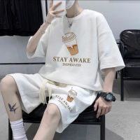 【hot seller】 Fashion sports t-shirt suit mens summer waffle short-sleeved large size two-piece trendy brand casual collocation