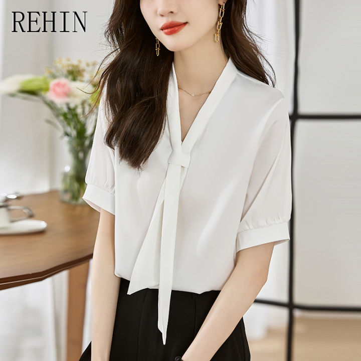 rehin-เสื้อสตรีมเมอร์ผ้าซาตินแขนสั้น-เสื้อลำลองผ้าซาตินใส่ได้หลายโอกาสสีทึบแฟชั่นสไตล์เกาหลีแบบใหม่ฤดูร้อน