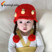 SunnyLady หมวกเจ้าหญิงถักลายการ์ตูนน่ารักสำหรับเด็ก,หมวกกันลมถักเปียวิกผมเชอร์รี่เครื่องป้องกันหูอบอุ่นสำหรับฤดูหนาวสำหรับงานเลี้ยง