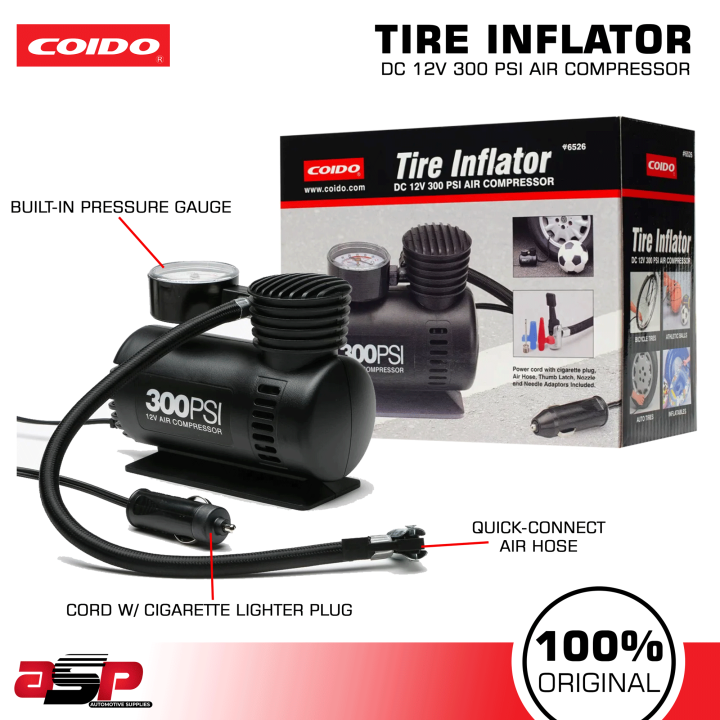COIDO Tire Inflator 300 PSi 12V Air Compressor with Gauge PN6526