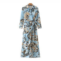 KPYTOMOA Women  Fashion With Bow Tied Totem Print Wrap Midi Shirt Dress Vintage Long Sleeve Pockets Female Dresses Mujer