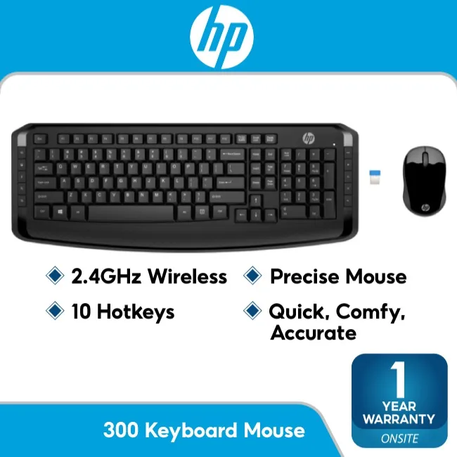 HP 300 Wireless Keyboard and Mouse Combo Battery Included , 1 YEAR HP