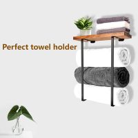 Minimalist Design Washcloths Storage Organizer Wall Mounted Bathroom Towel Rack Metal Bath Towel Holder with Wood Shelf Bathroom Counter Storage