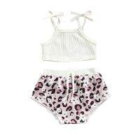 Toddler Kids Baby Girl’s Summer Two Piece Set White Tie-up Strap Cami Tops and Leopard/Rainbow Print Short Pants Clothes  by Hs2023