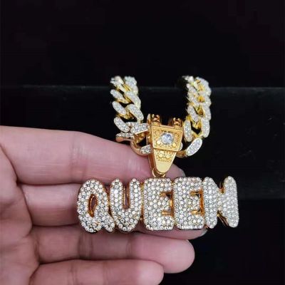Men Women Hip Hop KING QUEEN Letter Pendant Necklace with 13mm Miami Cuban Chain Iced Out Bling HipHop Necklaces Fashion Jewelry