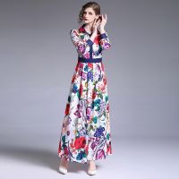 Classical colorful flower slim long maxi dress long sleeve dress