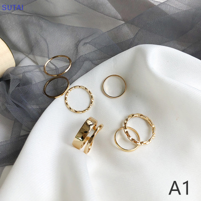 💖【Lowest price】SUTAI ชุดแหวนเครื่องประดับแฟชั่น7ชิ้นขายดีแหวนนิ้วกลมกลวงสำหรับผู้หญิงปาร์ตี้งานแต่งงานของขวัญ