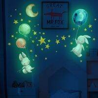 ZZOOI Rabbit Catch Balloon Luminous Wall Stickers Self-adhesive for Baby Child Kids Room Nursery Cartoon Wall Art Decals Decoration