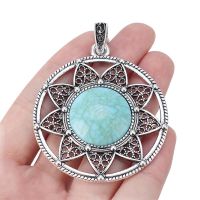 ZXZ 2pcs Tibetan Silver Large Flower Imitation Stone Round Charms Pendants for Necklace Jewelry Making Findings