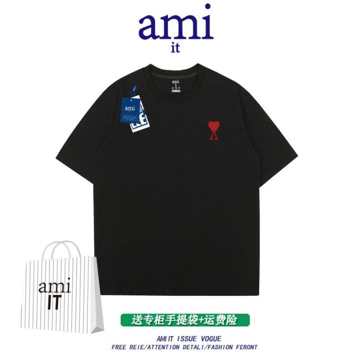 พร้อมส่ง-ami-it-เว็บไซต์ทางการเสื้อยืดแขนสั้นชายและหญิง-เสื้อยืดแขนสั้นกึ่งยาวทรงหลวมสไตล์อเมริกันคู่รักเสื้อใส่ด้านในผ้าฝ้าย