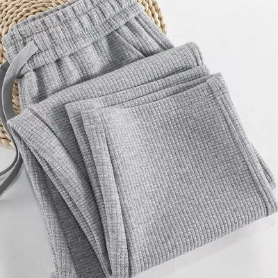 [Spot] waffle pants womens loose large size Gray straight sports pants cropped casual sweatpants 2023