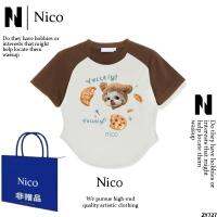 คุกกี้ฤดูร้อน Nico Raglan สไตล์ผู้หญิงสีฟ้ากรมท่าไหล่แขนสั้นเสื้อแฟชั่นหวานเผ็ดเข้ารูปลูกแมวฝรั่งเศส T เสื้อ