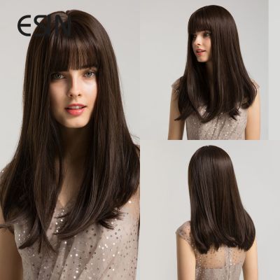 ESIN Synthetic Dark Brown Medium Long Straight Wig with Bangs Daily Natural Wigs for Women Heat Resistant Hair