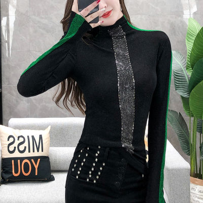 Fashion Sexy Shiny Patchwork Diamonds Beading T-shirt New Autumn Winter Top Clothes With Fleece Shirt Camiseta Mujer Tees T9N706