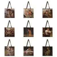 【CW】 Folding shopping bag oil painting girl lady shoulder female leisure outdoor beach tote