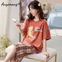 Plus Size 2 Piece Set Women 4xl 5xl Summer Sleepwear Cotton Loose Size Cartoon Printing Pijamas Womans Big Size Home Clothing