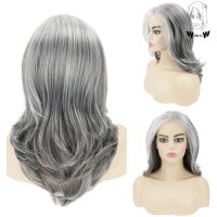 WHIMSICAL W Synthetic Grey Long Layered Wigs For Women Silver Wavy Wigs Natural Hair Wig For Daily Party Use Christmas Party Wig