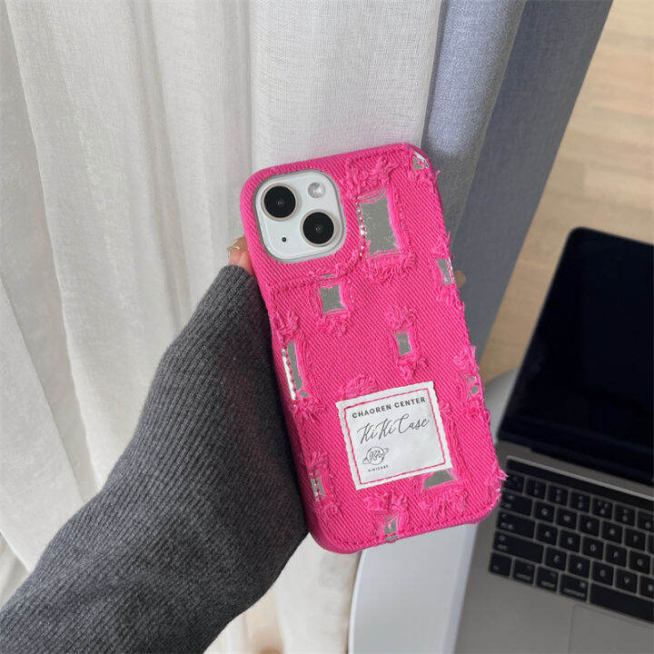 เคสโทรศัพท์มือถือแฟชั่นเกาหลีสำหรับ-iphone14promax-premium-sense-hole-denim-mirror-case-สำหรับ-iphone13-rose-pink-mirror-case-สำหรับ-iphone12pro