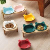 ◎▣✧ Cat Double Ceramic Bowls with Wooden Stand Small Dogs Elevated Food Water Feeders Pet Drinking Eating Feeding Supplies