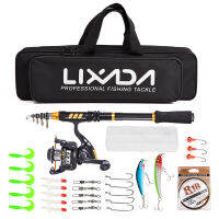 Lixada Fishing Rod Reel Combo Carbon Fiber Telescopic Fishing Rod Spinning Reel Fishing Line Lures Hooks Jigs Swivels Saltwater Freshwater Travel Fishing Accessories Kit