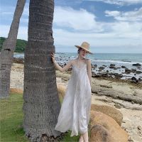 The new French light ripe small wind design satin skirt long dress sexy hanging neck backless holiday