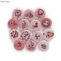 50pcs Pink Flower Print Richly Colorful Mix Round Wood Button Sewing Scrapbooking Clothing Crafts Handwork Accessories 15mm Haberdashery