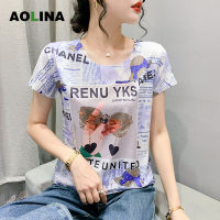 AOLINA 2023เสื้อยืดผู้หญิงแฟชั่นใหม่เลกกิ้งผ้าคอตตอนแขนสั้นพิมพ์ลายตัวอักษรทรงสลิม