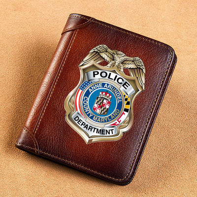 High Quality Genuine Leather Police Department Badge Printing Card Holder Short Purse Luxury Brand Male Wallet