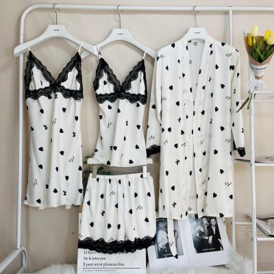 【jw】♦❒  4PCS Set Silk Sleepwear Femlae Print Bathrobe Nightgown Top Shorts Pijamas Loose Wear