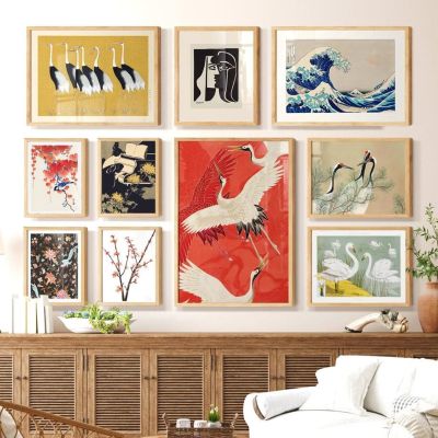 ✕▣ Picasso Bird Crane Kanagawa Retro บทคัดย่อญี่ปุ่น Wall Art ภาพวาดผ้าใบโปสเตอร์และพิมพ์ภาพผนังสำหรับตกแต่งห้องนอน