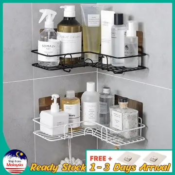 Bathroom Kitchen Corner Frame Shower Shelf Shampoo Punch Free