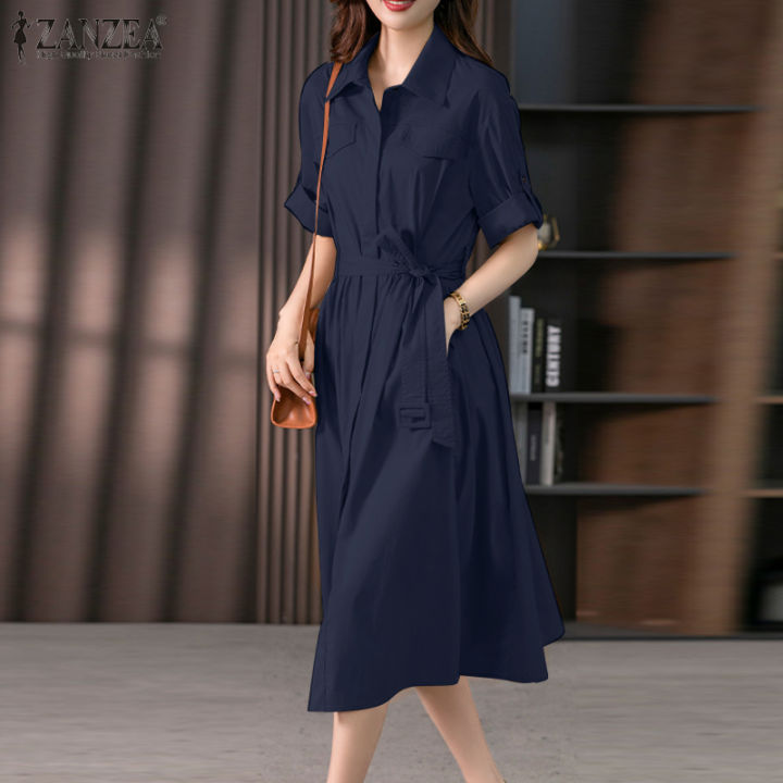 สินค้ามาใหม่-จัดส่งฟรี-fancystyle-zanzea-เสื้อทรงเอแขนลำลองขาสั้นสไตล์เกาหลีของผู้หญิงชุดเดรสมิดีชุดทำงานสำนักงาน-10
