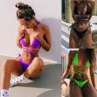 Straps Cross Bandage Metal Circle Women Bikini Sets Halter Bow New Candy Color Bikinis Set H89