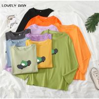 Big Printed Frog On Skateboard T-Shirt Women Long Sleeve O-Neck Cute Cartoon Casual Fashion Streetwear Loose Lovers Top Spring