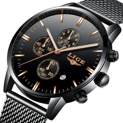 นาฬิกาควอตซ์อะนาล็อกสแตนเลสกันน้ำนาฬิกาบุรุษแฟชั่น LIGE ผู้ชายแบรนด์หรูคลาสสิกสีดำลำลอง