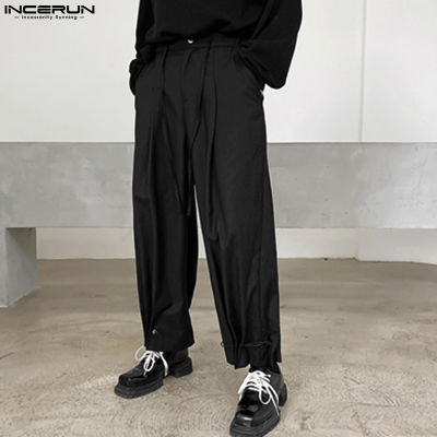 INCERUN กางเกงพังค์มีเชือกผูกสำหรับผู้ชายกางเกงลำลองทรงหลวมกางเกงขากว้างสำหรับปาร์ตี้ (สไตล์เกาหลี)